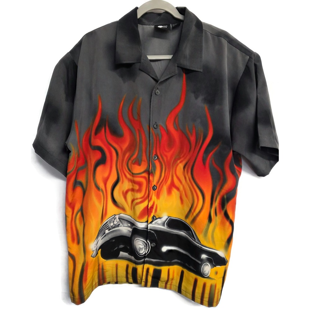 VTG Street Culture Mens Medium Shirt Loud Flames Vintage Car Y2K Large